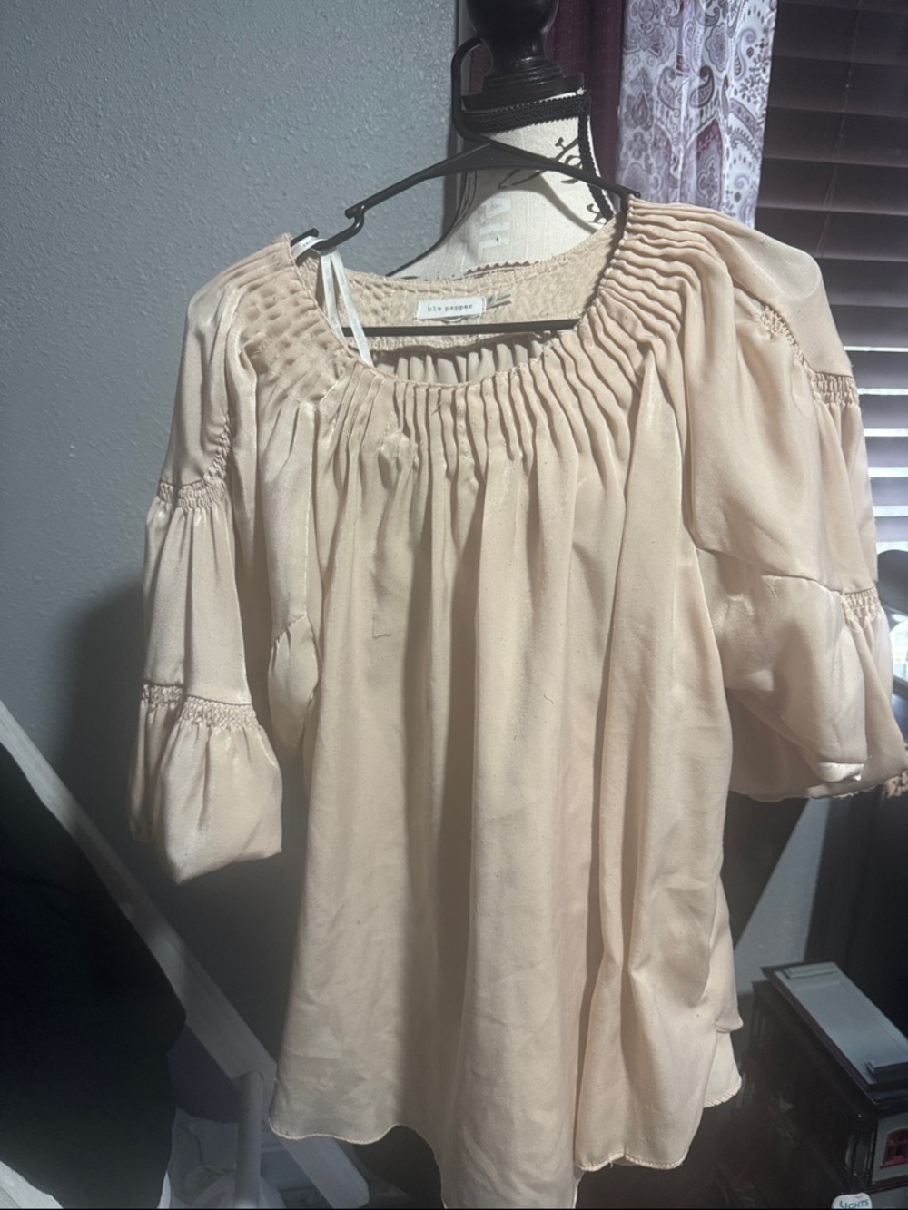 Blu Pepper Light Cream Smocked Neck Peasant Top